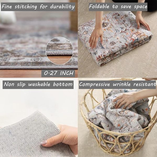 5x7 Washable Area Rug Gray Vintage Rug Traditional Floor Cover Foldable Thin Rug Kitchen Accent Rug Indoor Distressed Non Slip Carpet Floral Print Mat Bedroom Living Room Bathroom - Image 5