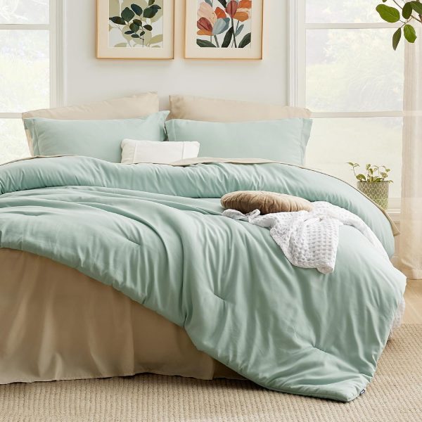 Bedsure Queen Comforter Set Sage Green, 7 Pieces Soft Queen Bedding Set with Comforter, Sheets, Pillowcases & Shams, All Season Boho Bed in a Bag Queen, Contrasting Design - Image 2