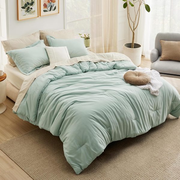 Bedsure Queen Comforter Set Sage Green, 7 Pieces Soft Queen Bedding Set with Comforter, Sheets, Pillowcases & Shams, All Season Boho Bed in a Bag Queen, Contrasting Design - Image 5