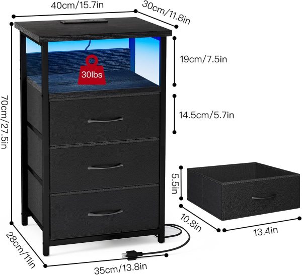 Fixwal Night Stand with Charging Station, LED Nightstand with U-S-B Ports and Outlets, 3 Fabric Storage Drawers with PU Finish, Bedside Table, Black - Image 3