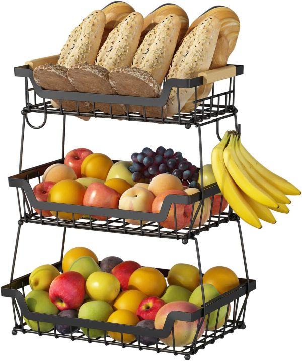 GILLAS 3 Tier Countertop Fruit Basket with 2 Banana Hangers for Kitchen, Detachable Metal Organizer for Bread Vegetable Fruits with Wooden Handle, Large Capacity Rectangular Storage Stand Bowls, Black - Image 2