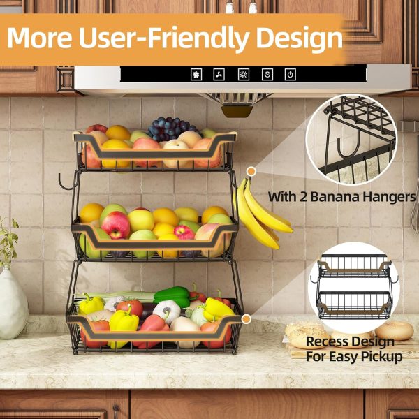 GILLAS 3 Tier Countertop Fruit Basket with 2 Banana Hangers for Kitchen, Detachable Metal Organizer for Bread Vegetable Fruits with Wooden Handle, Large Capacity Rectangular Storage Stand Bowls, Black - Image 3