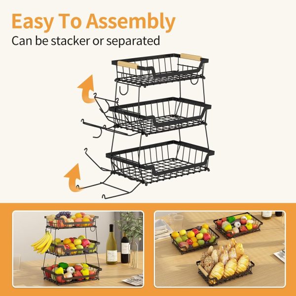 GILLAS 3 Tier Countertop Fruit Basket with 2 Banana Hangers for Kitchen, Detachable Metal Organizer for Bread Vegetable Fruits with Wooden Handle, Large Capacity Rectangular Storage Stand Bowls, Black - Image 4