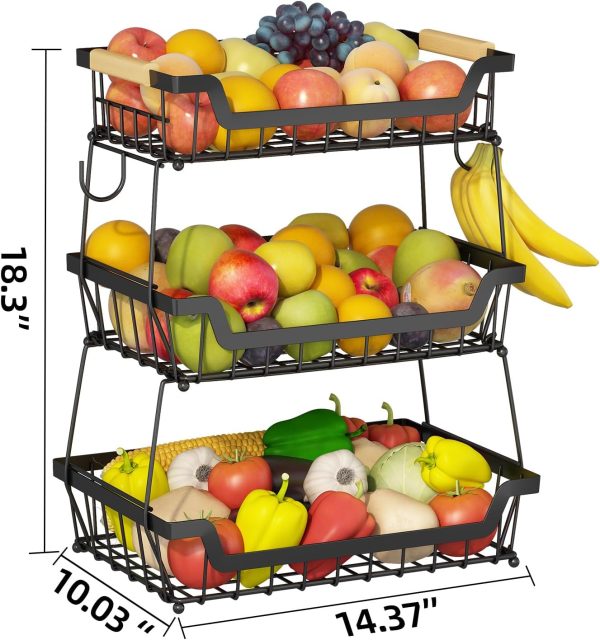 GILLAS 3 Tier Countertop Fruit Basket with 2 Banana Hangers for Kitchen, Detachable Metal Organizer for Bread Vegetable Fruits with Wooden Handle, Large Capacity Rectangular Storage Stand Bowls, Black - Image 7