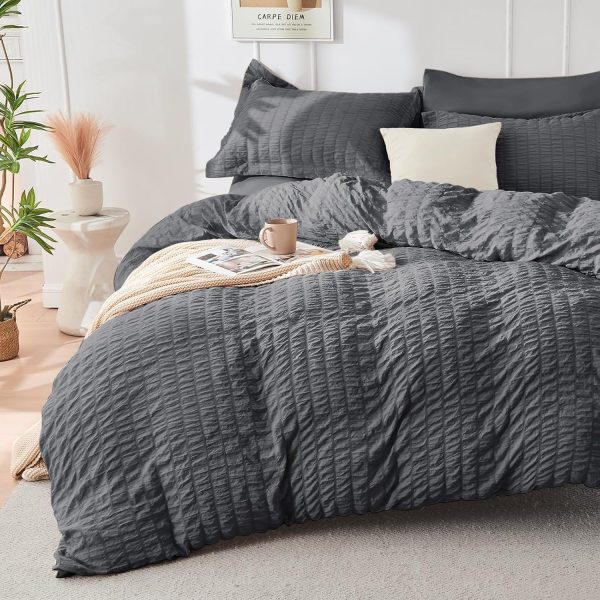 HYMOKEGE Queen Comforter Set Seersucker 7 Pieces, All Season Luxury Bed in a Bag for Bedroom, Bedding Set with Comforters, Sheets, Pillowcases & Shams, Dark Grey - Image 2