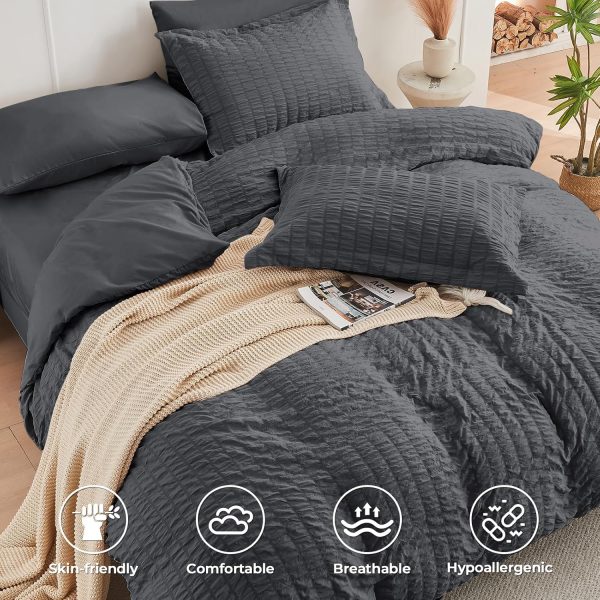 HYMOKEGE Queen Comforter Set Seersucker 7 Pieces, All Season Luxury Bed in a Bag for Bedroom, Bedding Set with Comforters, Sheets, Pillowcases & Shams, Dark Grey - Image 3