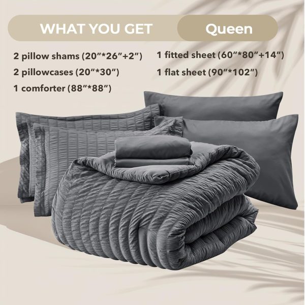 HYMOKEGE Queen Comforter Set Seersucker 7 Pieces, All Season Luxury Bed in a Bag for Bedroom, Bedding Set with Comforters, Sheets, Pillowcases & Shams, Dark Grey - Image 5