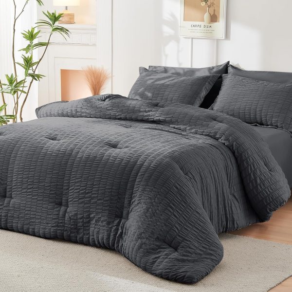 HYMOKEGE Queen Comforter Set Seersucker 7 Pieces, All Season Luxury Bed in a Bag for Bedroom, Bedding Set with Comforters, Sheets, Pillowcases & Shams, Dark Grey - Image 7