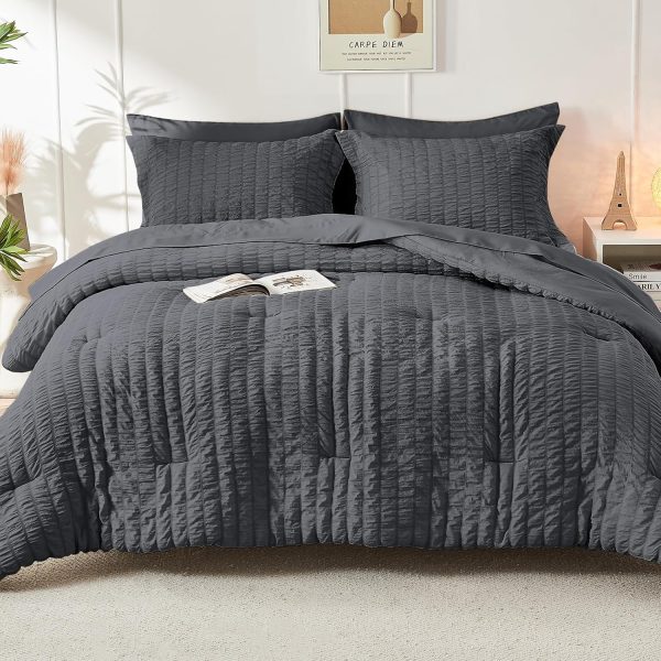 HYMOKEGE Queen Comforter Set Seersucker 7 Pieces, All Season Luxury Bed in a Bag for Bedroom, Bedding Set with Comforters, Sheets, Pillowcases & Shams, Dark Grey - Image 8