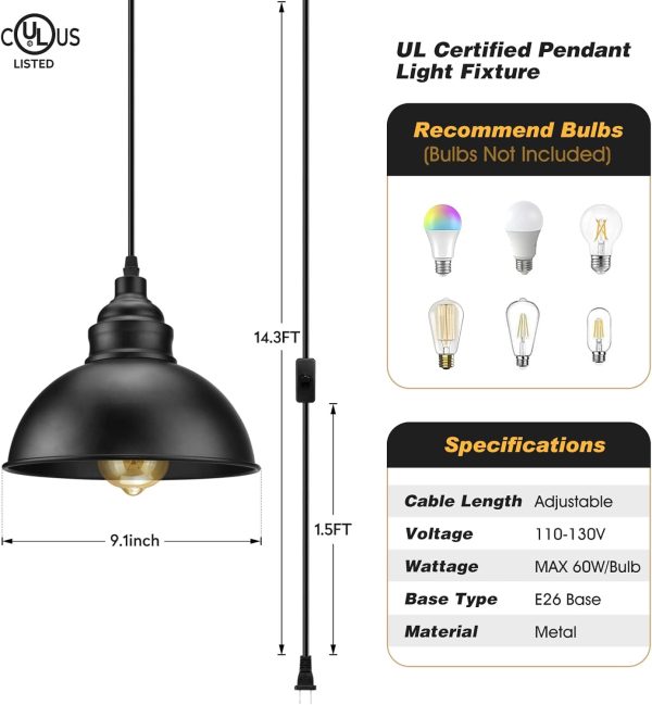 Plug in Pendant Light, 15FT Hanging Lights with Plug in Cord, On/Off Switch, Industrial Pendant Light with Plug in Cord, Metal Hanging Lamps for Living Room, Kitchen, Dining Room, Bedroom - Image 4