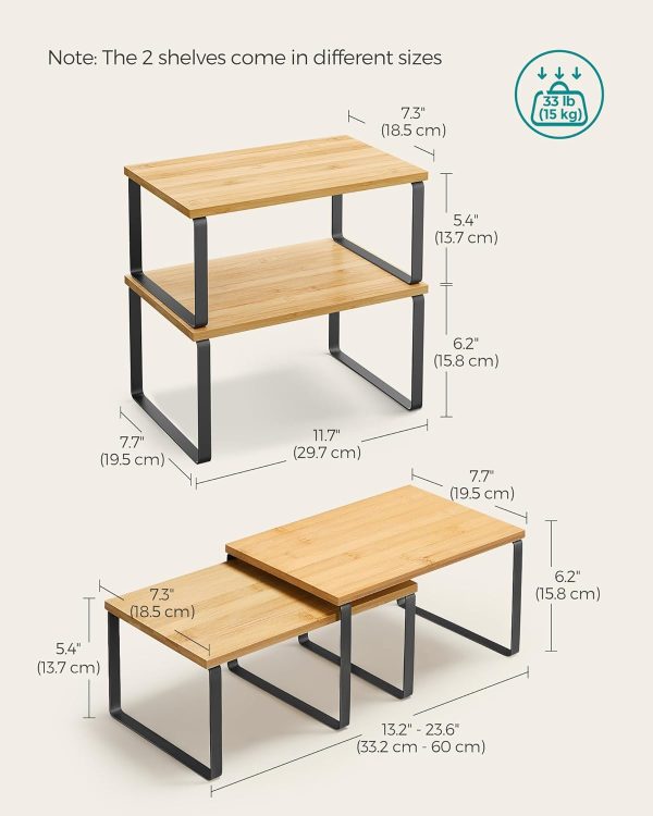 SONGMICS Cabinet Organizer Shelf, Set of 2 Kitchen Counter Shelves, Kitchen Storage, Spice Rack, Stackable, Expandable, Metal and Engineered Wood, Ink Black and Natural Beige UKCS02NB - Image 6