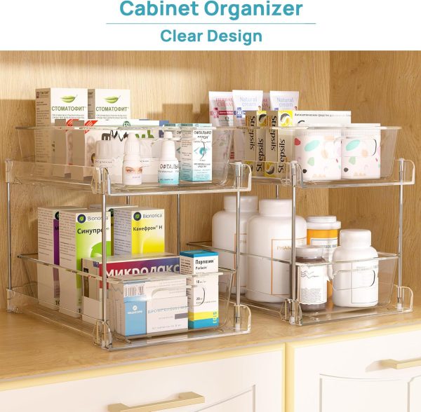 Vtopmart 4 Pack Bathroom Storage Organizer, 2 Tier Clear Under Sink Organizers Vanity Countertop Storage Container, Medicine Cabinet Drawers Bins, Pull-Out Organization with Track for Pantry, Kitchen - Image 3